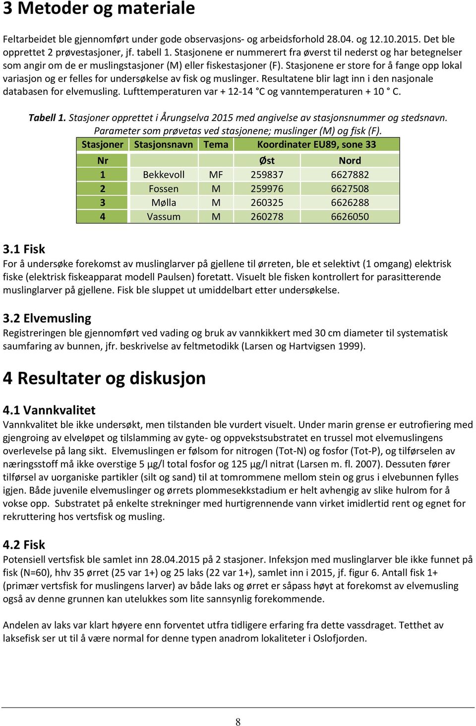 Stasjonene er store for å fange opp lokal variasjon og er felles for undersøkelse av fisk og muslinger. Resultatene blir lagt inn i den nasjonale databasen for elvemusling.