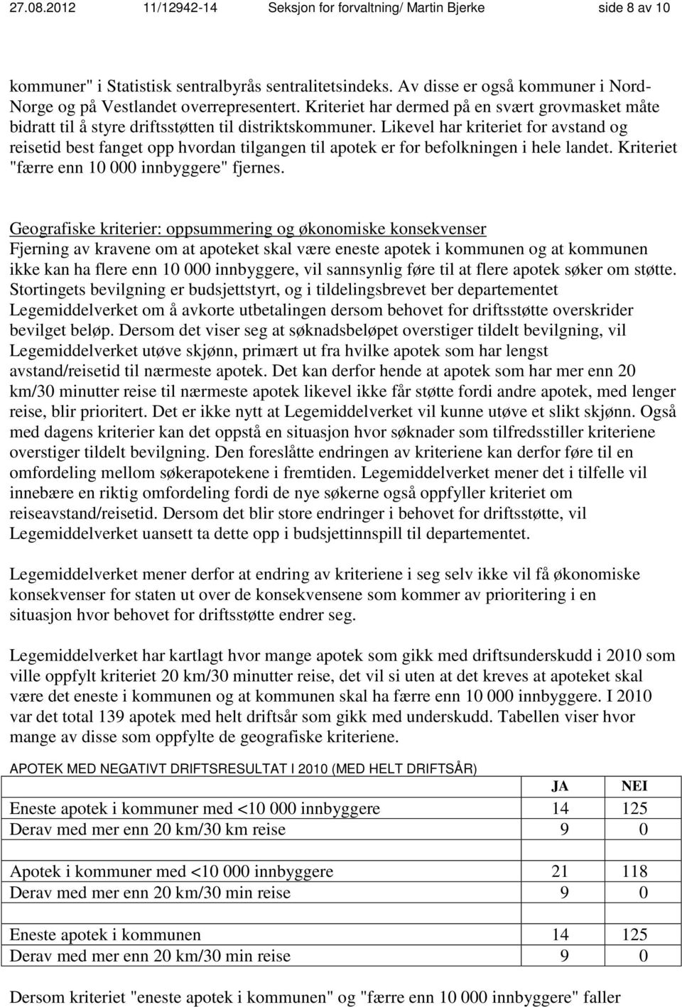 Likevel har kriteriet for avstand og reisetid best fanget opp hvordan tilgangen til apotek er for befolkningen i hele landet. Kriteriet "færre enn 10 000 innbyggere" fjernes.