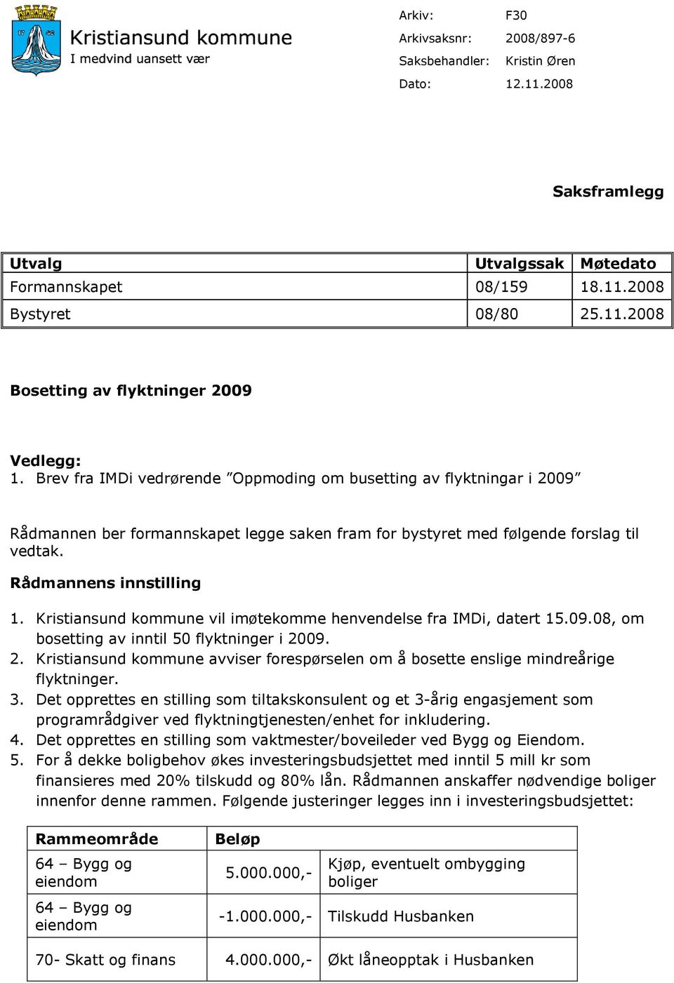 Kristiansund kommune vil imøtekomme henvendelse fra IMDi, datert 15.09.08, om bosetting av inntil 50 flyktninger i 20