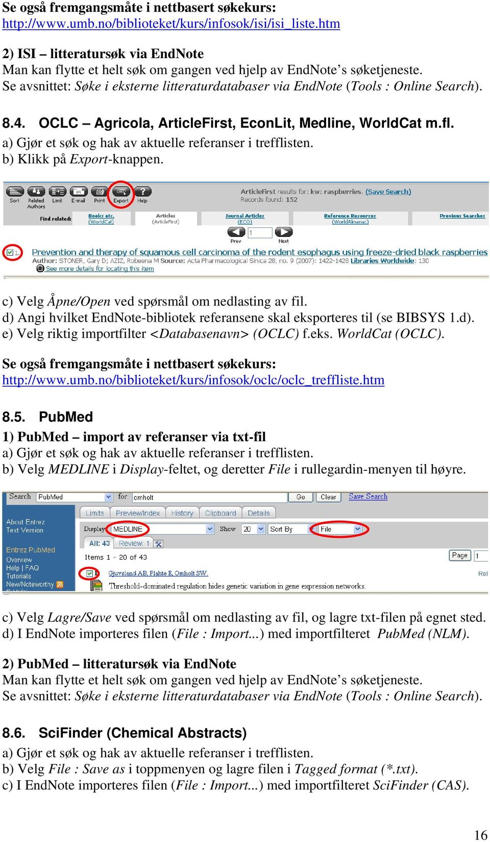 4. OCLC Agricola, ArticleFirst, EconLit, Medline, WorldCat m.fl. a) Gjør et søk og hak av aktuelle referanser i trefflisten. b) Klikk på Export-knappen.