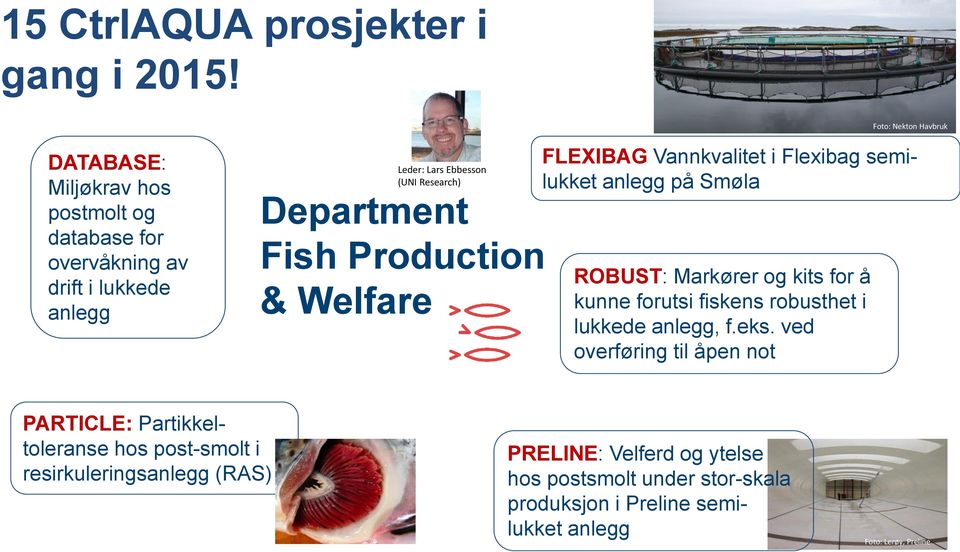 Leder: Lars Ebbesson (UNI Research) FLEXIBAG Vannkvalitet i Flexibag semilukket anlegg på Smøla ROBUST: Markører og kits for å kunne forutsi
