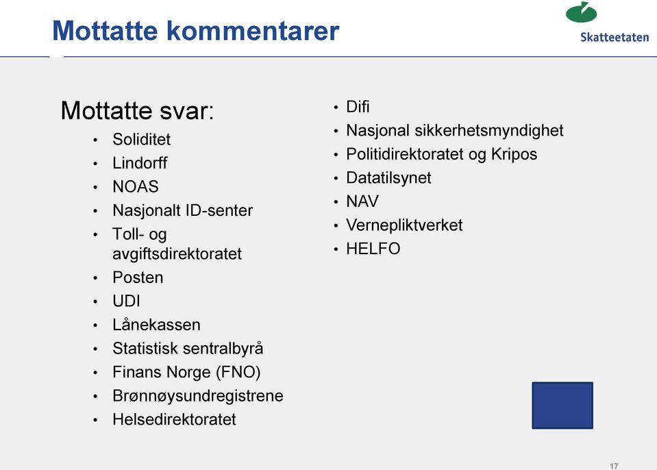 Finans Norge (FNO) Brønnøysundregistrene Helsedirektoratet Difi Nasjonal