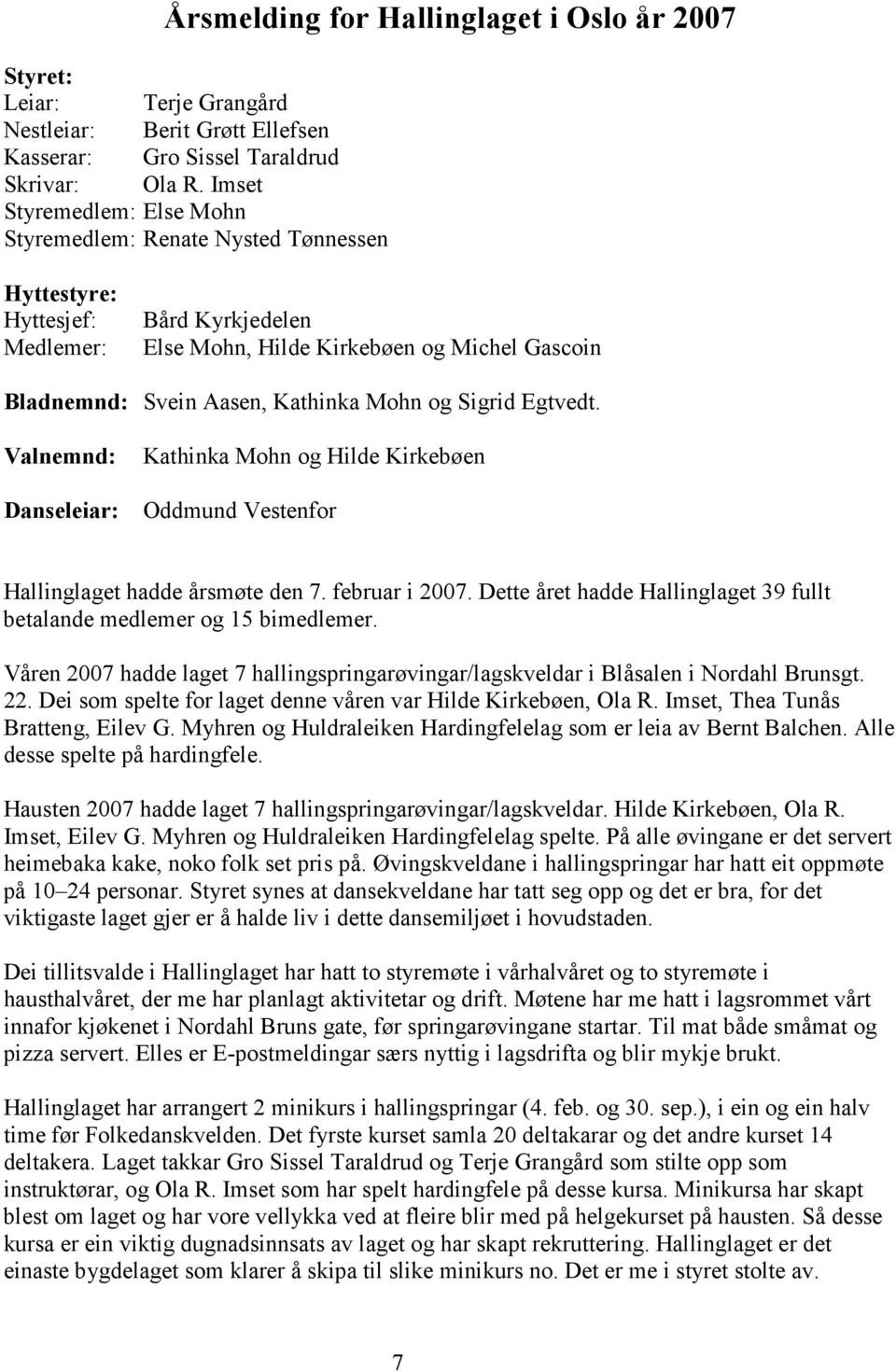 og Sigrid Egtvedt. Valnemnd: Danseleiar: Kathinka Mohn og Hilde Kirkebøen Oddmund Vestenfor Hallinglaget hadde årsmøte den 7. februar i 2007.