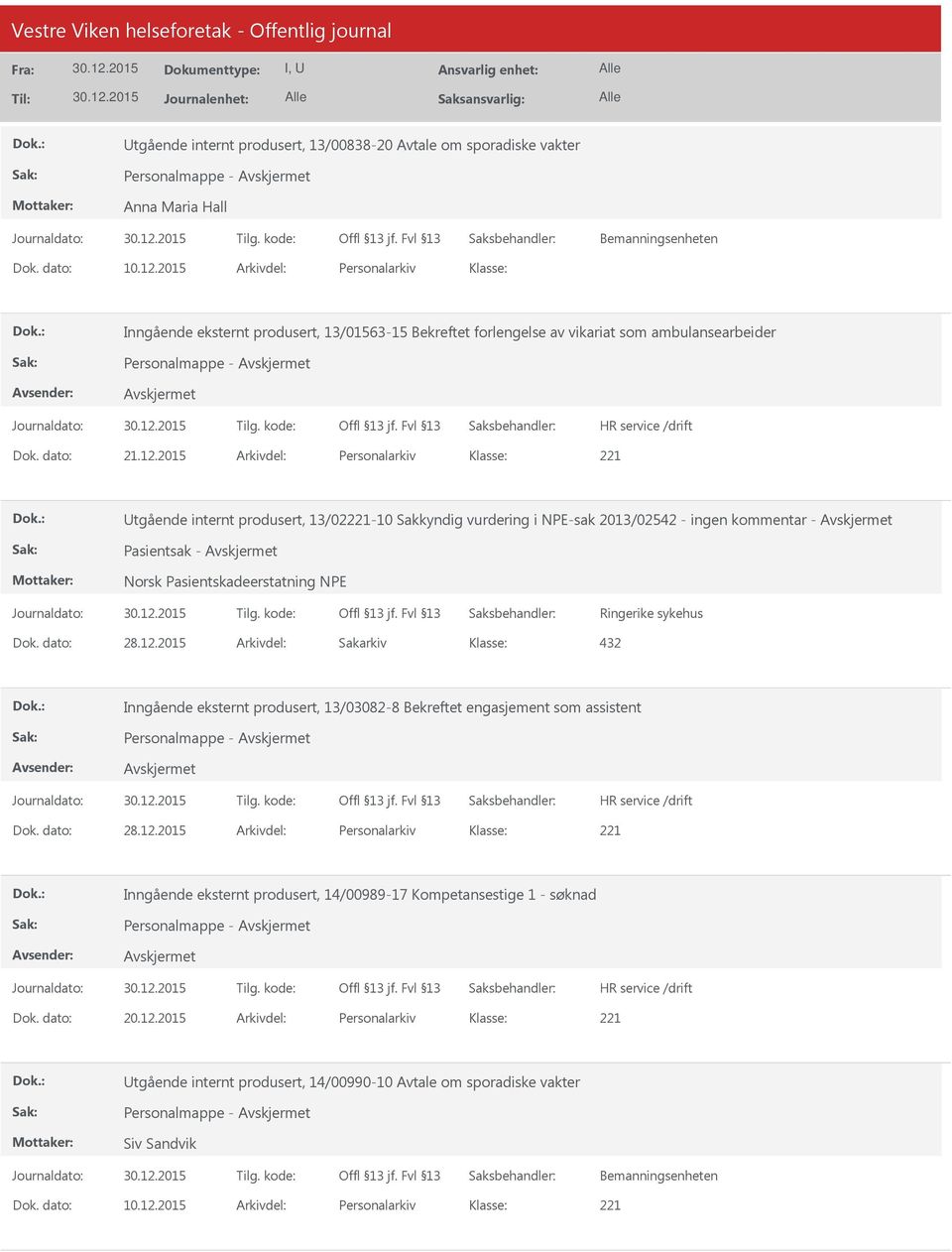 2015 Arkivdel: Personalarkiv tgående internt produsert, 13/02-10 Sakkyndig vurdering i NPE-sak 2013/02542 - ingen kommentar - Pasientsak - Norsk Pasientskadeerstatning NPE Ringerike sykehus 432
