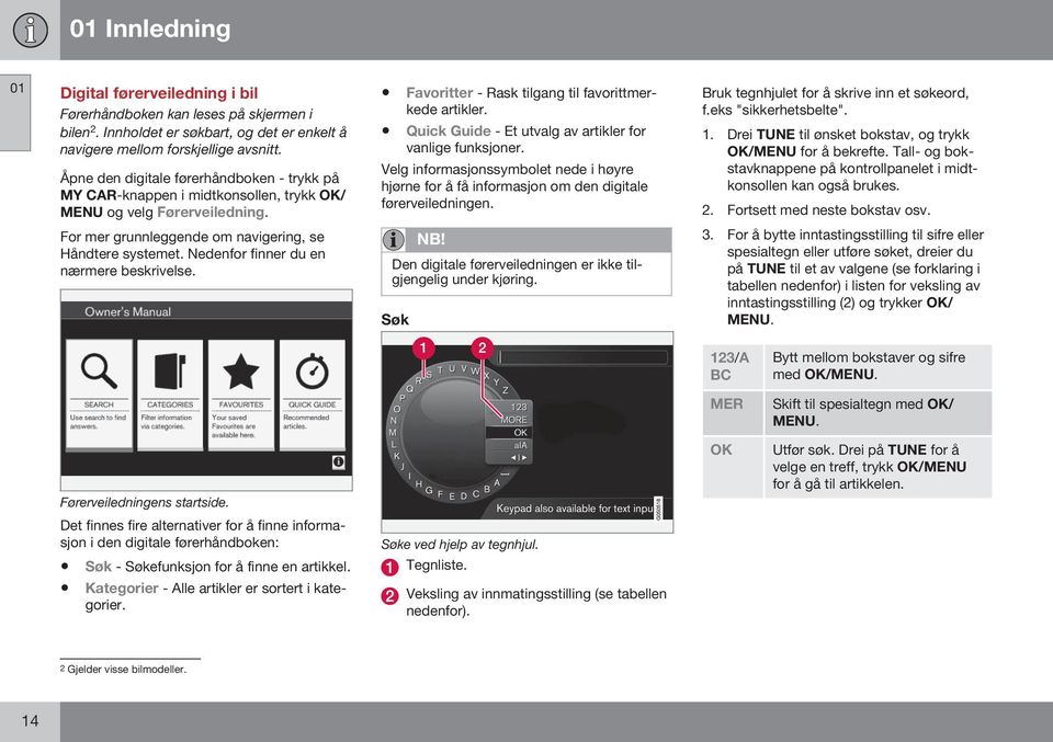 Quick Guide - Et utvalg av artikler for vanlige funksjoner. Velg informasjonssymbolet nede i høyre hjørne for å få informasjon om den digitale førerveiledningen.