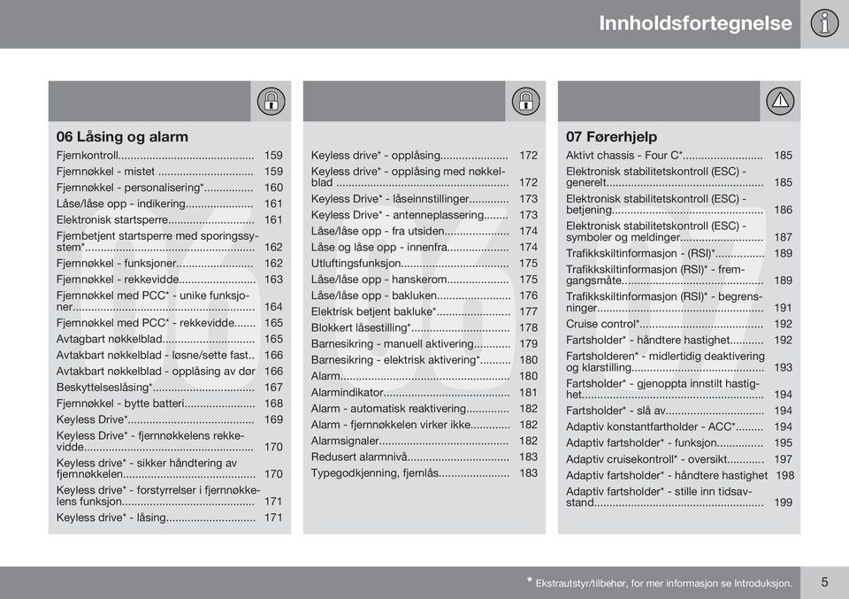 .. 164 Fjernnøkkel med PCC* - rekkevidde... 165 Avtagbart nøkkelblad... 165 Avtakbart nøkkelblad - løsne/sette fast.. 166 Avtakbart nøkkelblad - opplåsing av dør 166 Beskyttelseslåsing*.