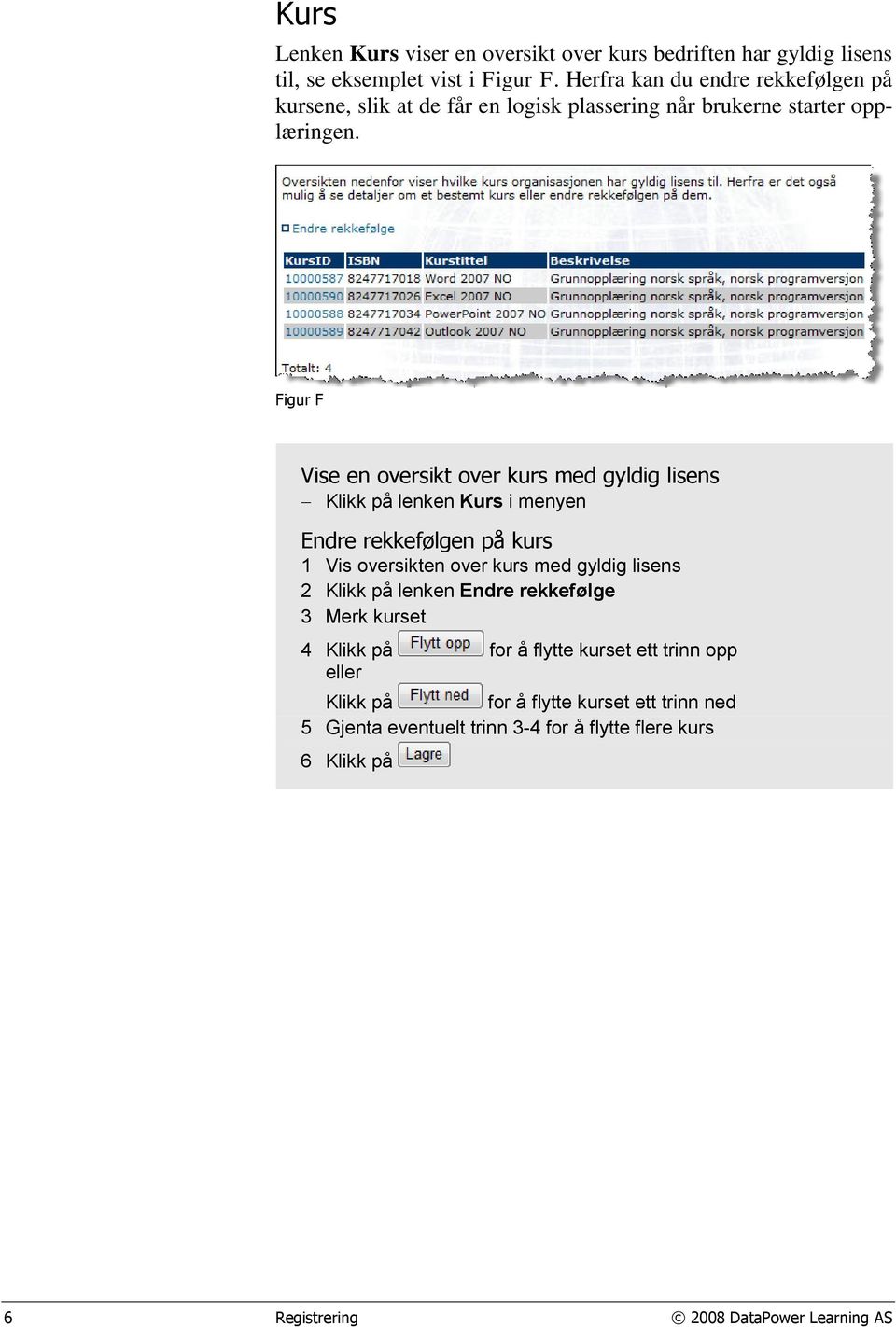 Figur F Vise en oversikt over kurs med gyldig lisens Klikk på lenken Kurs i menyen Endre rekkefølgen på kurs 1 Vis oversikten over kurs med gyldig