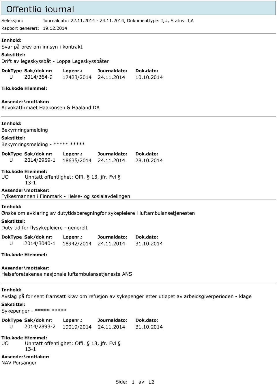 10.2014 Advokatfirmaet Haakonsen & Haaland DA Bekymringsmelding Bekymringsmelding - ***** ***** 2014/2959-1 18635/2014 28.10.2014 O nntatt offentlighet: Offl. 13, jfr.