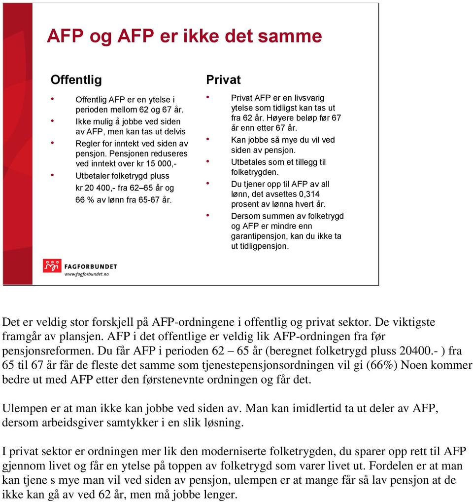 Privat Privat AFP er en livsvarig ytelse som tidligst kan tas ut fra 62 år. Høyere beløp før 67 år enn etter 67 år. Kan jobbe så mye du vil ved siden av pensjon.