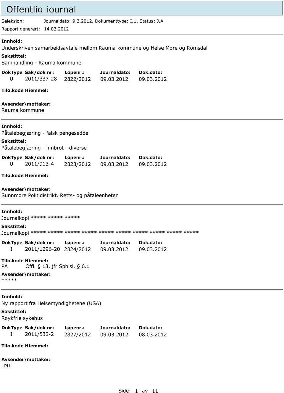 Rauma kommune Påtalebegjæring - falsk pengeseddel Påtalebegjæring - innbrot - diverse 2011/913-4 2823/2012 Sunnmøre