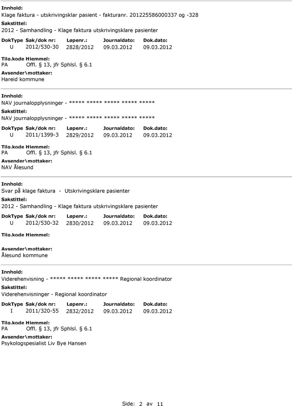 journalopplysninger - journalopplysninger - 2011/1399-3 2829/2012 Ålesund Svar på klage faktura - tskrivingsklare pasienter