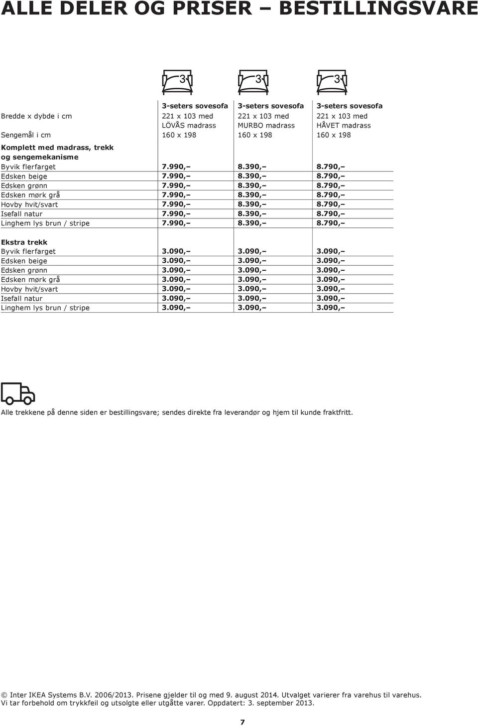 990, 8.390, 8.790, Hovby hvit/svart 7.990, 8.390, 8.790, Isefall natur 7.990, 8.390, 8.790, Linghem lys brun / stripe 7.990, 8.390, 8.790, Ekstra trekk Byvik flerfarget 3.090, 3.090, 3.090, Edsken beige 3.