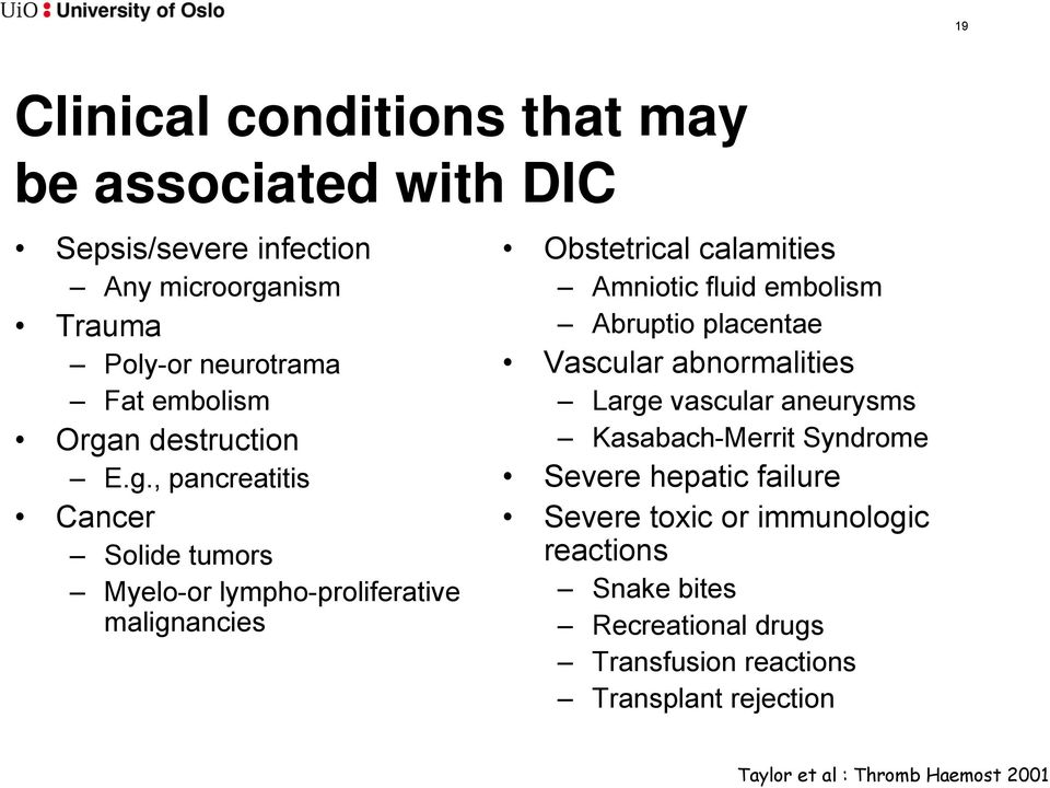 fluid embolism Abruptio placentae Vascular abnormalities Large vascular aneurysms Kasabach-Merrit Syndrome Severe hepatic failure Severe