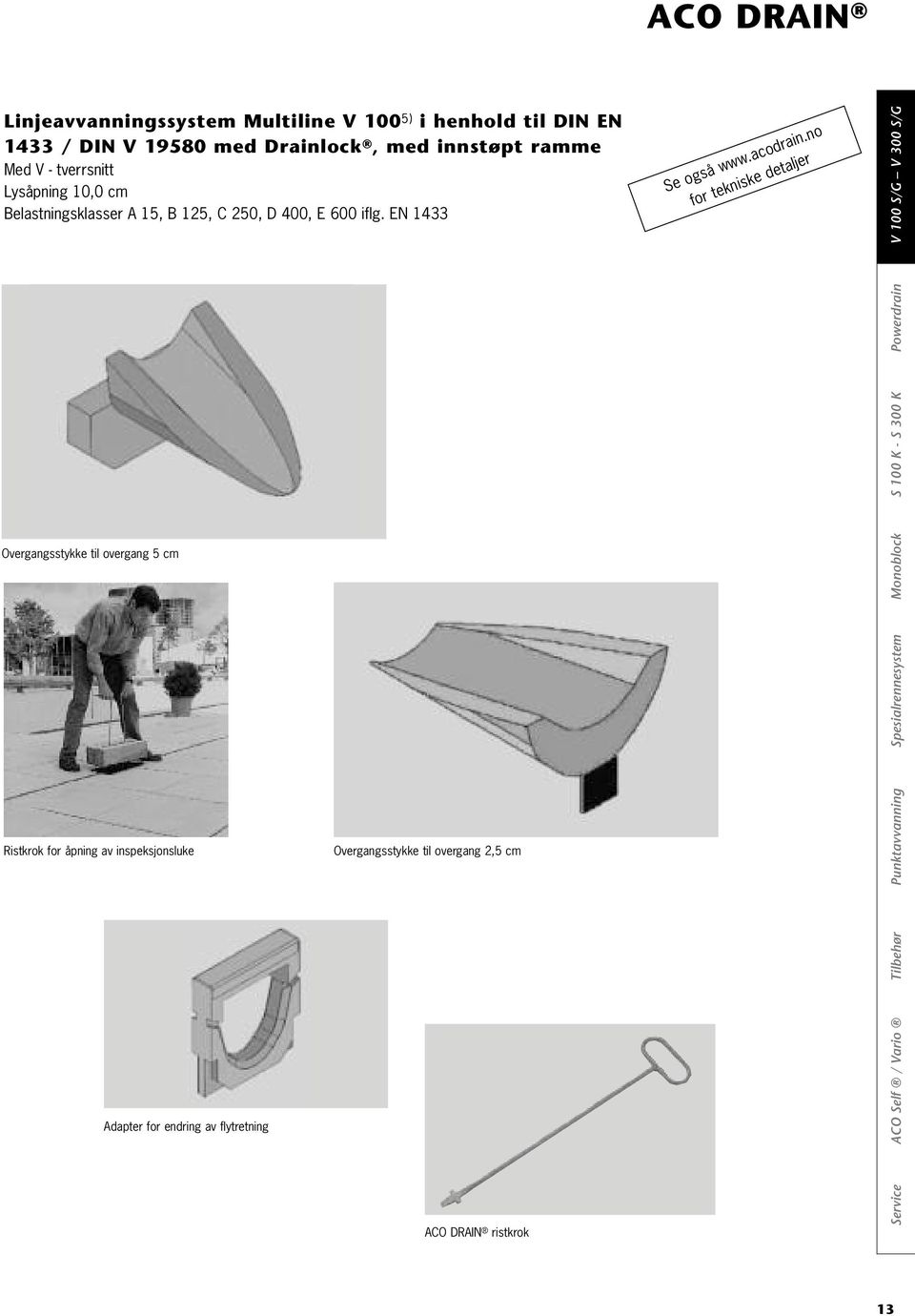 iflg. EN 1433 Overgangsstykke til overgang 5 cm Ristkrok for åpning av inspeksjonsluke Adapter for endring