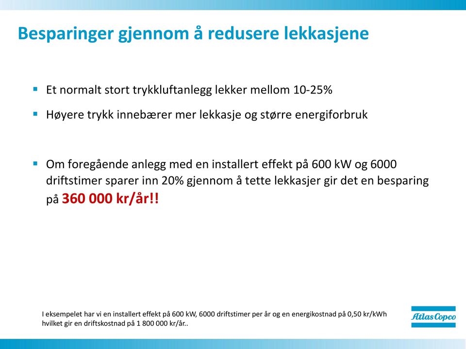 sparer inn 20% gjennom å tette lekkasjer gir det en besparing på 360 000 kr/år!