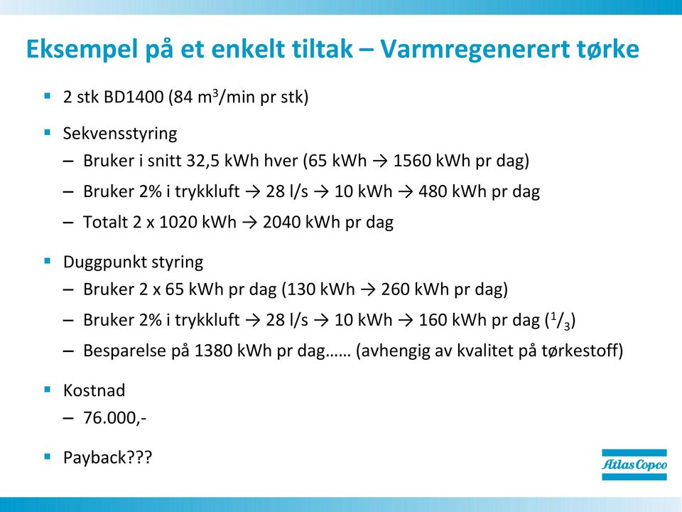 kwh pr dag Duggpunkt styring Bruker 2 x 65 kwh pr dag (130 kwh 260 kwh pr dag) Bruker 2% i trykkluft 28 l/s 10 kwh