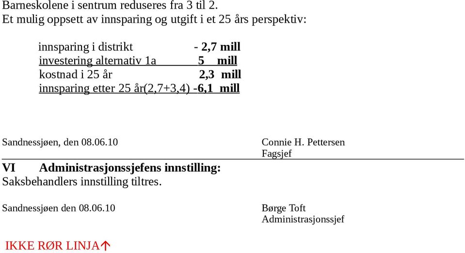 alternativ 1a 5 mill kostnad i 25 år 2,3 mill innsparing etter 25 år(2,7+3,4) - 6,1 mill Sandnessjøen, den 08.