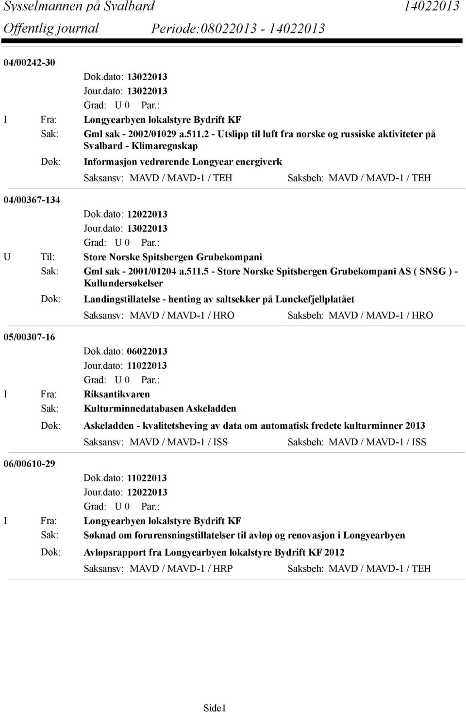 04/00367-134 U Til: Store Norske Spitsbergen Grubekompani Sak: Gml sak - 2001/01204 a.511.