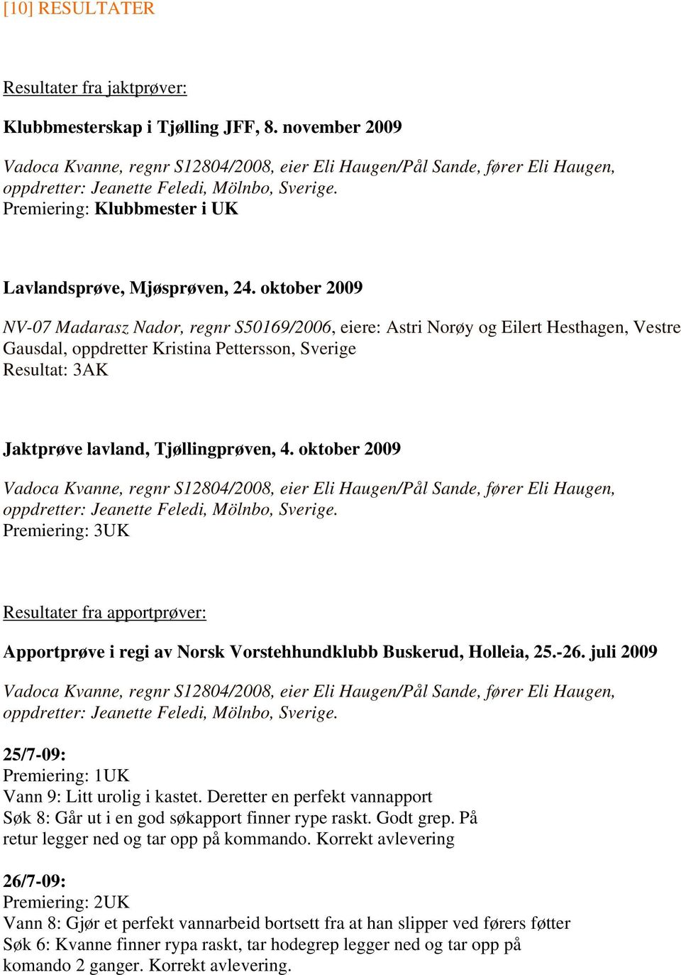 oktober 2009 NV-07 Madarasz Nador, regnr S50169/2006, eiere: Astri Norøy og Eilert Hesthagen, Vestre Gausdal, oppdretter Kristina Pettersson, Sverige Resultat: 3AK Jaktprøve lavland, Tjøllingprøven,