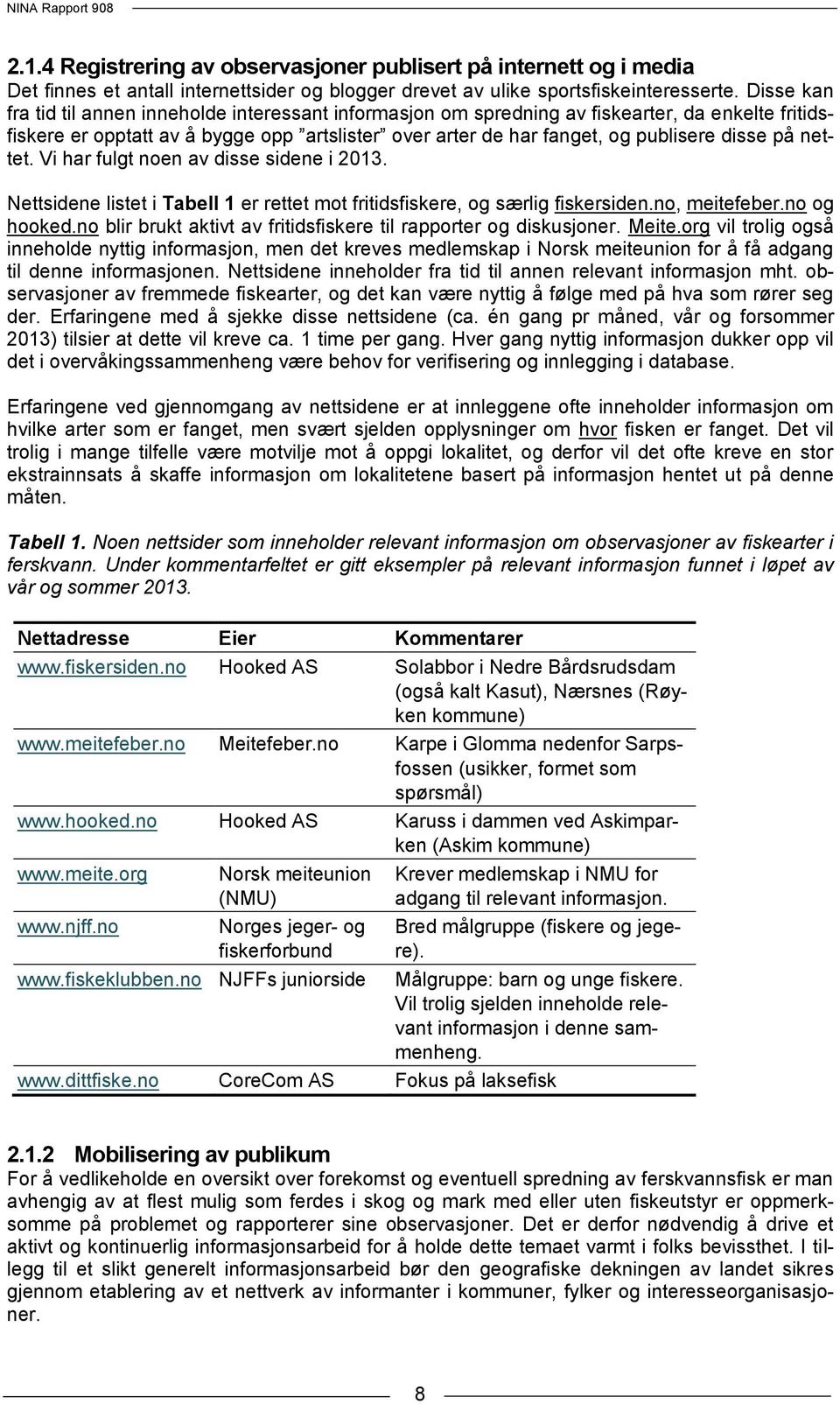 på nettet. Vi har fulgt noen av disse sidene i 2013. Nettsidene listet i Tabell 1 er rettet mot fritidsfiskere, og særlig fiskersiden.no, meitefeber.no og hooked.