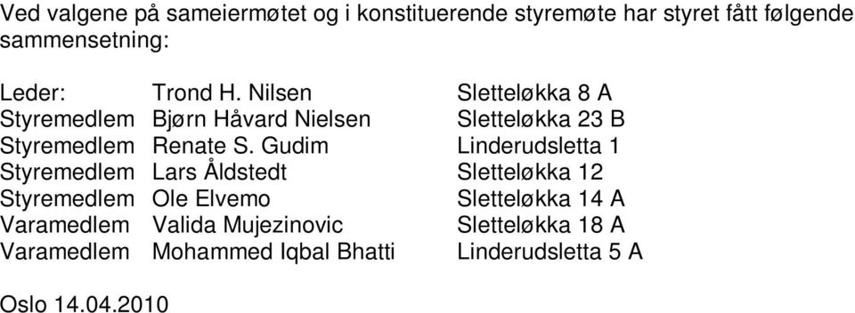 Gudim Linderudsletta 1 Styremedlem Lars Åldstedt Sletteløkka 12 Styremedlem Ole Elvemo Sletteløkka 14 A