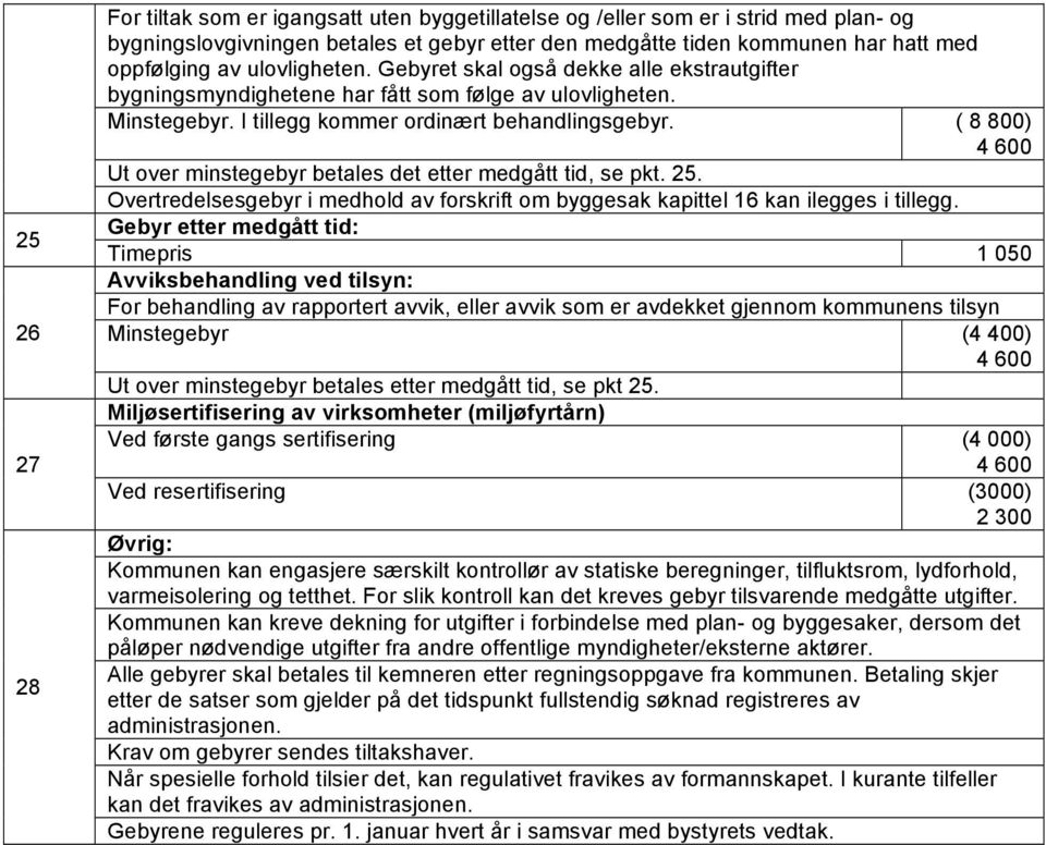 ( 8 800) Ut over minstegebyr betales det etter medgått tid, se pkt. 25. Overtredelsesgebyr i medhold av forskrift om byggesak kapittel 16 kan ilegges i tillegg.