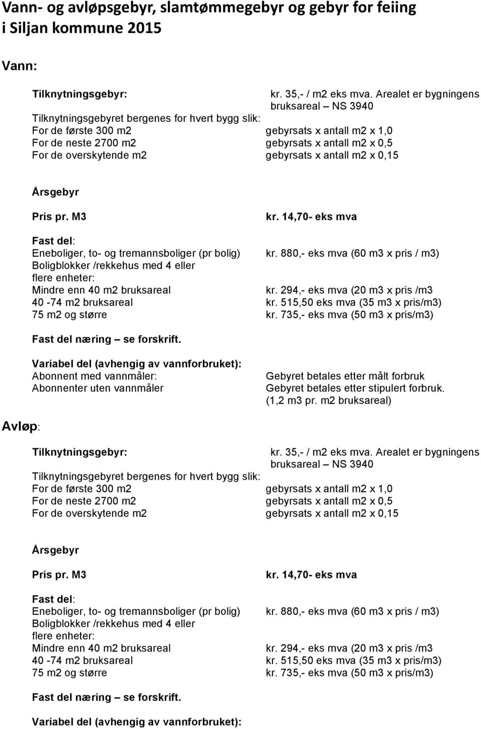 overskytende m2 gebyrsats x antall m2 x 0,15 Årsgebyr Pris pr. M3 kr. 14,70- eks mva Fast del: Eneboliger, to- og tremannsboliger (pr bolig) kr.