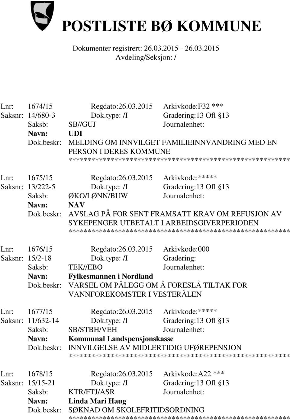 type: /I Gradering:13 Ofl 13 Saksb: ØKO/LØNN/BUW Journalenhet: Navn: NAV Dok.beskr: AVSLAG PÅ FOR SENT FRAMSATT KRAV OM REFUSJON AV SYKEPENGER UTBETALT I ARBEIDSGIVERPERIODEN Lnr: 1676/15 Regdato:26.