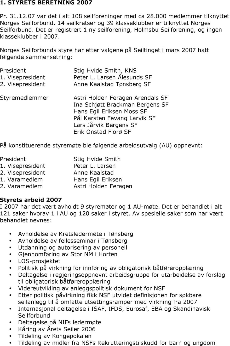 Norges Seilforbunds styre har etter valgene på Seiltinget i mars 2007 hatt følgende sammensetning: President Stig Hvide Smith, 1. Visepresident Peter L. Larsen Ålesunds SF 2.