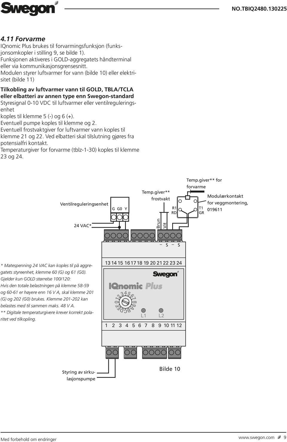 Modulen styrer luftvarmer for vann (bilde 10) eller elektrisitet (bilde 11) Tilkobling av luftvarmer vann til GOLD, TBLA/TCLA eller elbatteri av annen type enn Swegon-standard Styresignal 0-10 VDC