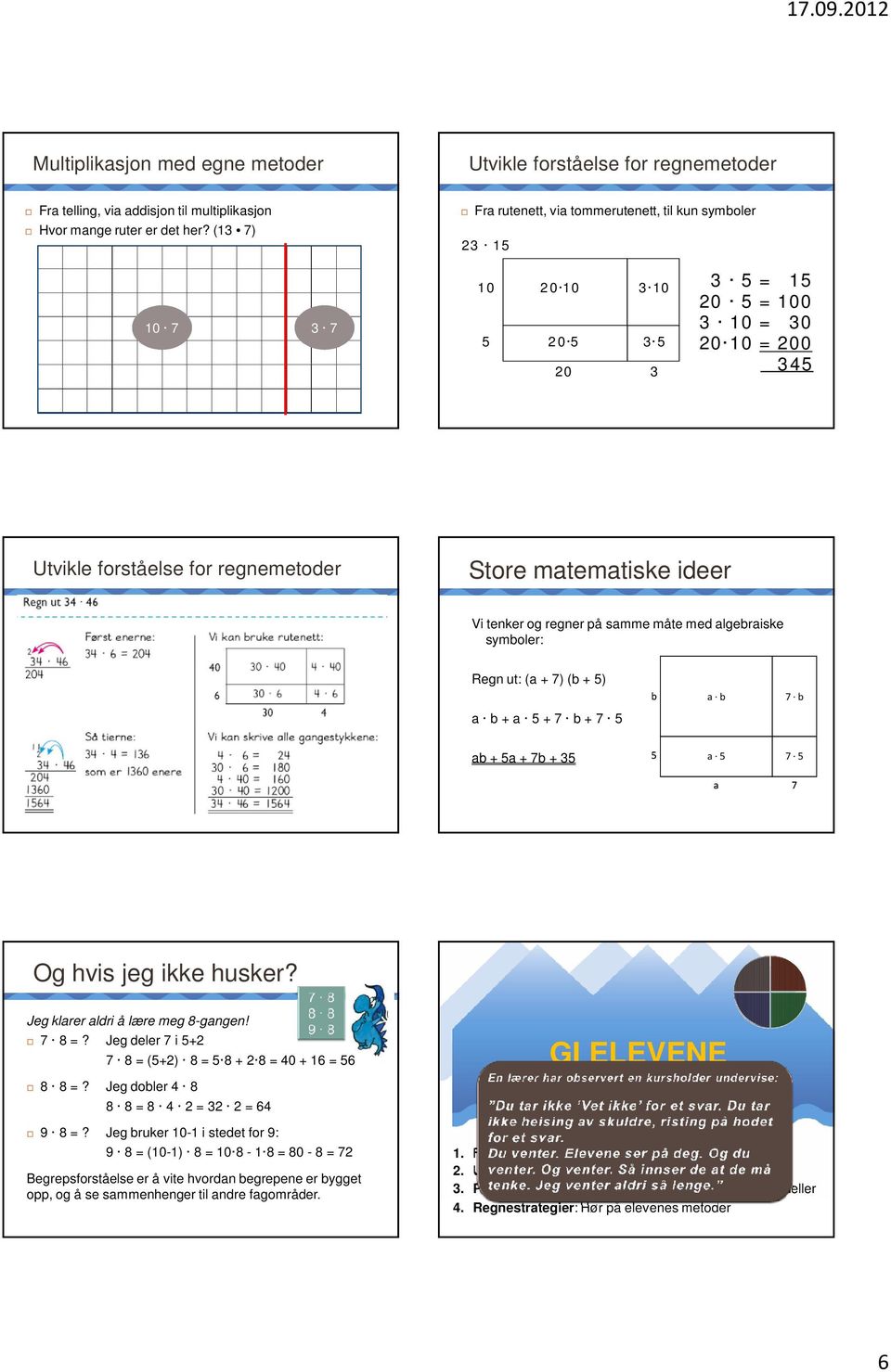 tenker og regner på samme måte med algebraiske symboler: Regn ut: (a + 7) (b + ) b a b 7 b a b + a + 7 b + 7 ab + a + 7b + 3 a 7 a 7 Og hvis jeg ikke husker? Jeg klarer aldri å lære meg 8-gangen!