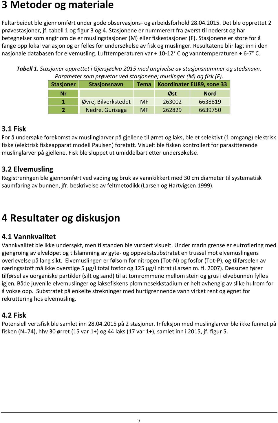 Stasjonene er store for å fange opp lokal variasjon og er felles for undersøkelse av fisk og muslinger. Resultatene blir lagt inn i den nasjonale databasen for elvemusling.