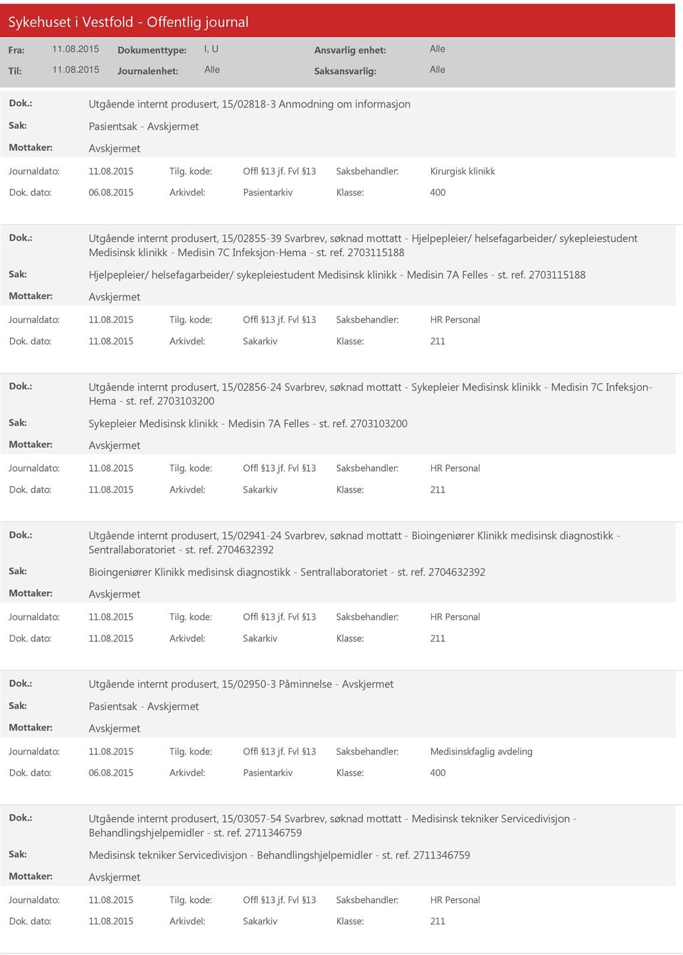 2703115188 Hjelpepleier/ helsefagarbeider/ sykepleiestudent Medisinsk klinikk - Medisin 7A Felles - st. ref. 2703115188 Dok.