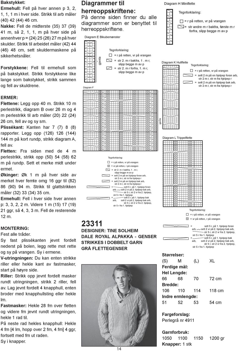 Strikk til arbeidet måler (42) 44 (46) 48 cm, sett skuldermaskene på sikkerhetsnåler. Forstykkene: Fell til ermehull som på bakstykket.