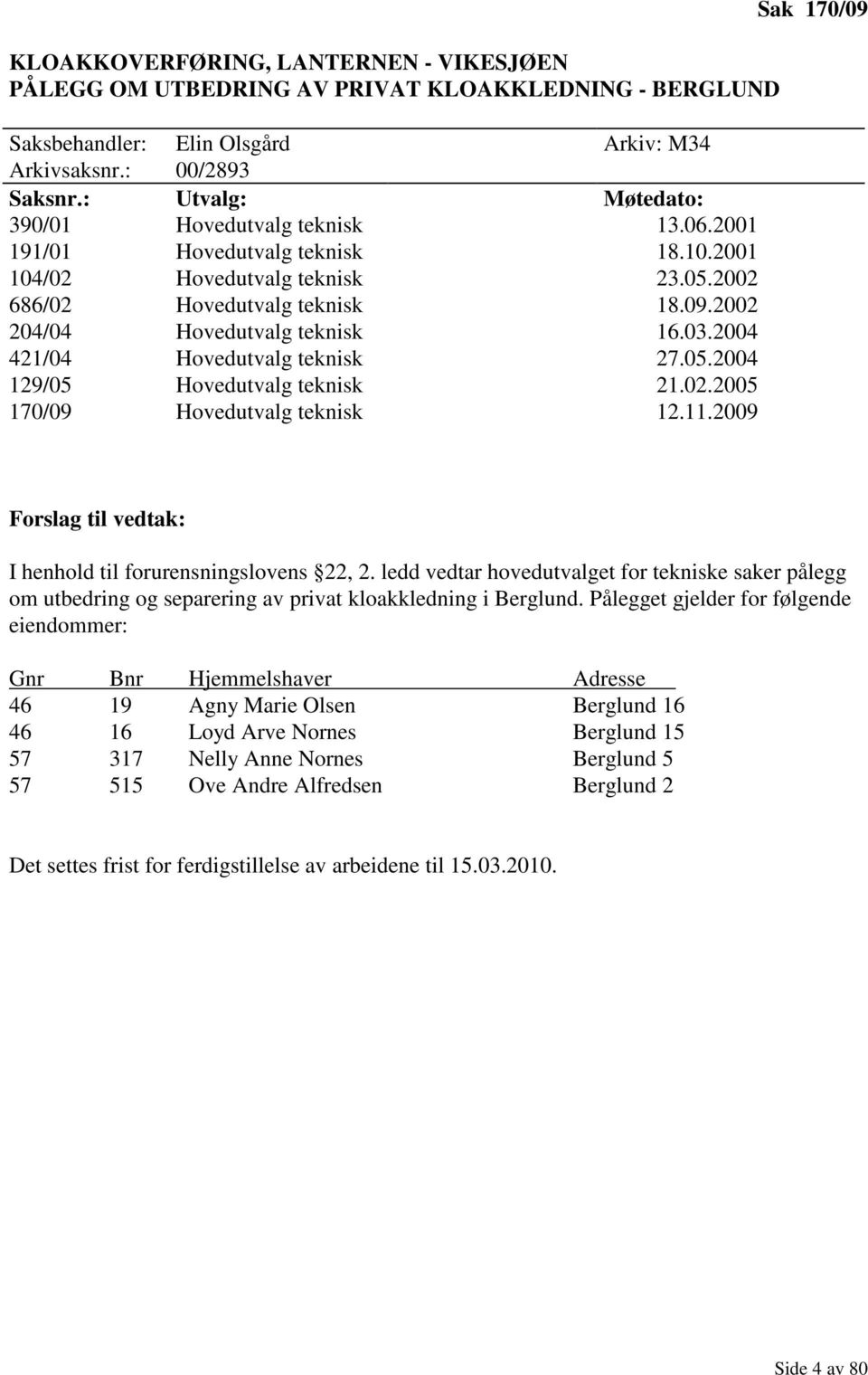 2002 204/04 Hovedutvalg teknisk 16.03.2004 421/04 Hovedutvalg teknisk 27.05.2004 129/05 Hovedutvalg teknisk 21.02.2005 170/09 Hovedutvalg teknisk 12.11.