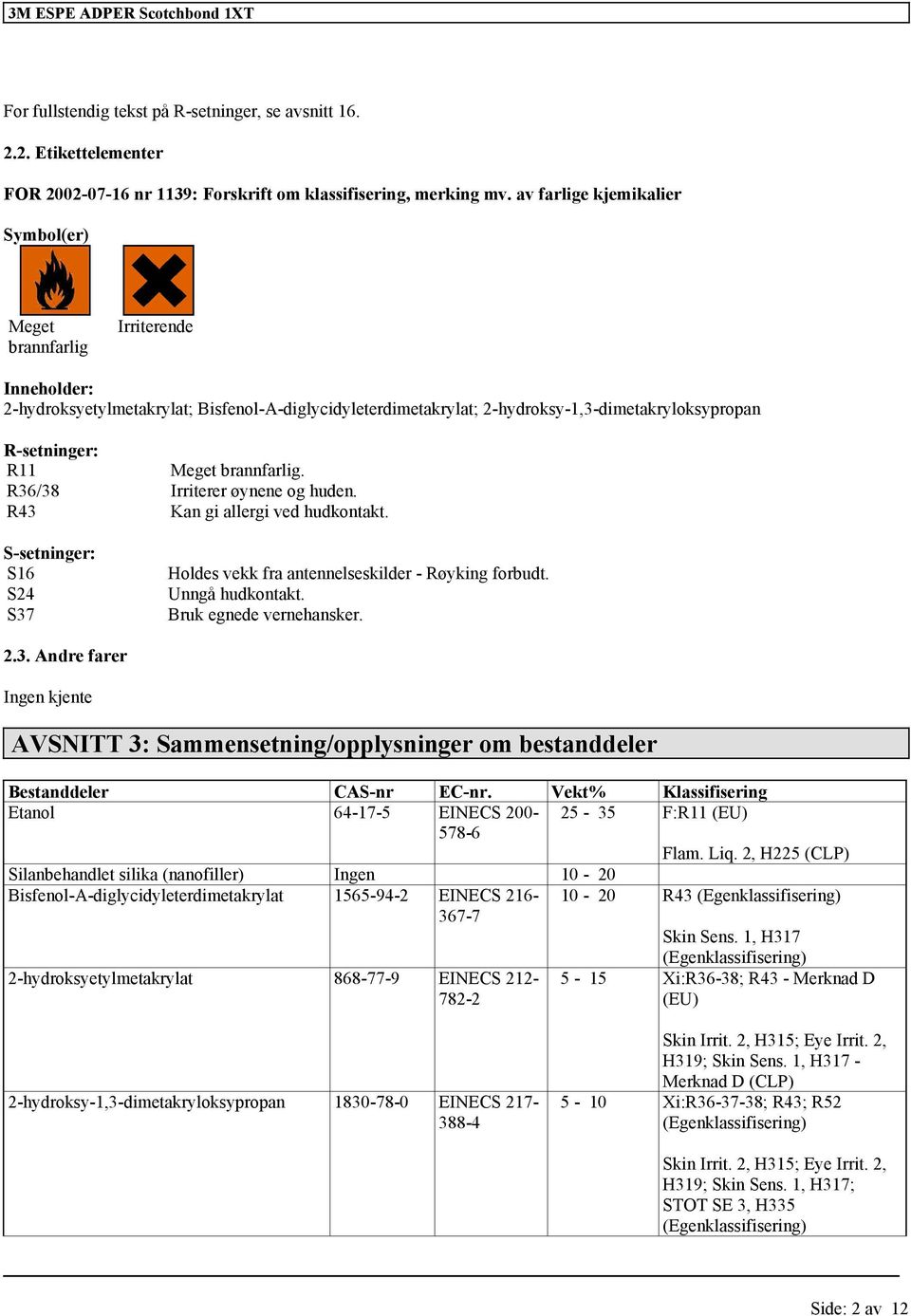 brannfarlig. R36/38 Irriterer øynene og huden. R43 Kan gi allergi ved hudkontakt. S-setninger: S16 S24 S37 Holdes vekk fra antennelseskilder - Røyking forbudt. Unngå hudkontakt.