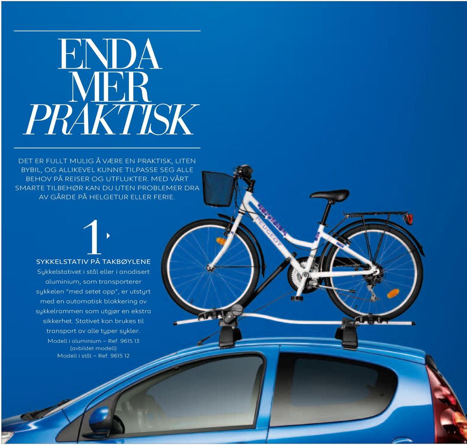 1 SYKKELSTATIV PÅ TAKBØYLENE Sykkelstativet i stål eller i anodisert aluminium, som transporterer sykkelen med setet opp, er utstyrt med en