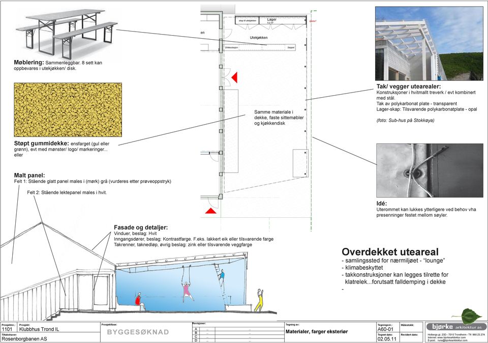 2 18 000 1-03 KFE/ KLULOKLE 85,0 m² Samme materiale i dekke, faste sittemøbler og kjøkkendisk Tak/ vegger utearealer: Konstruksjoner i hvitmallt treverk / evt kombinert med stål.