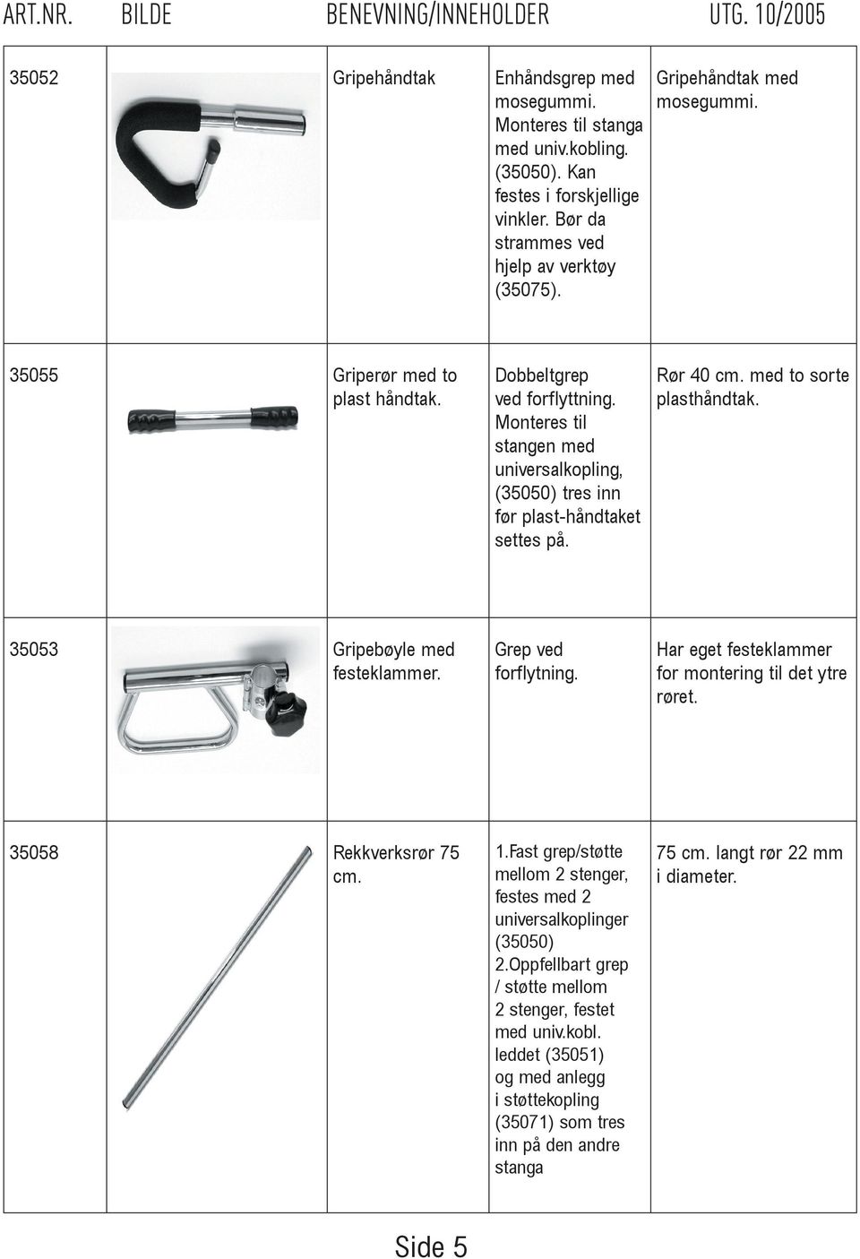 med to sorte plasthåndtak. 35053 Gripebøyle med festeklammer. Grep ved forflytning. Har eget festeklammer for montering til det ytre røret. 35058 Rekkverksrør 75 cm. 1.
