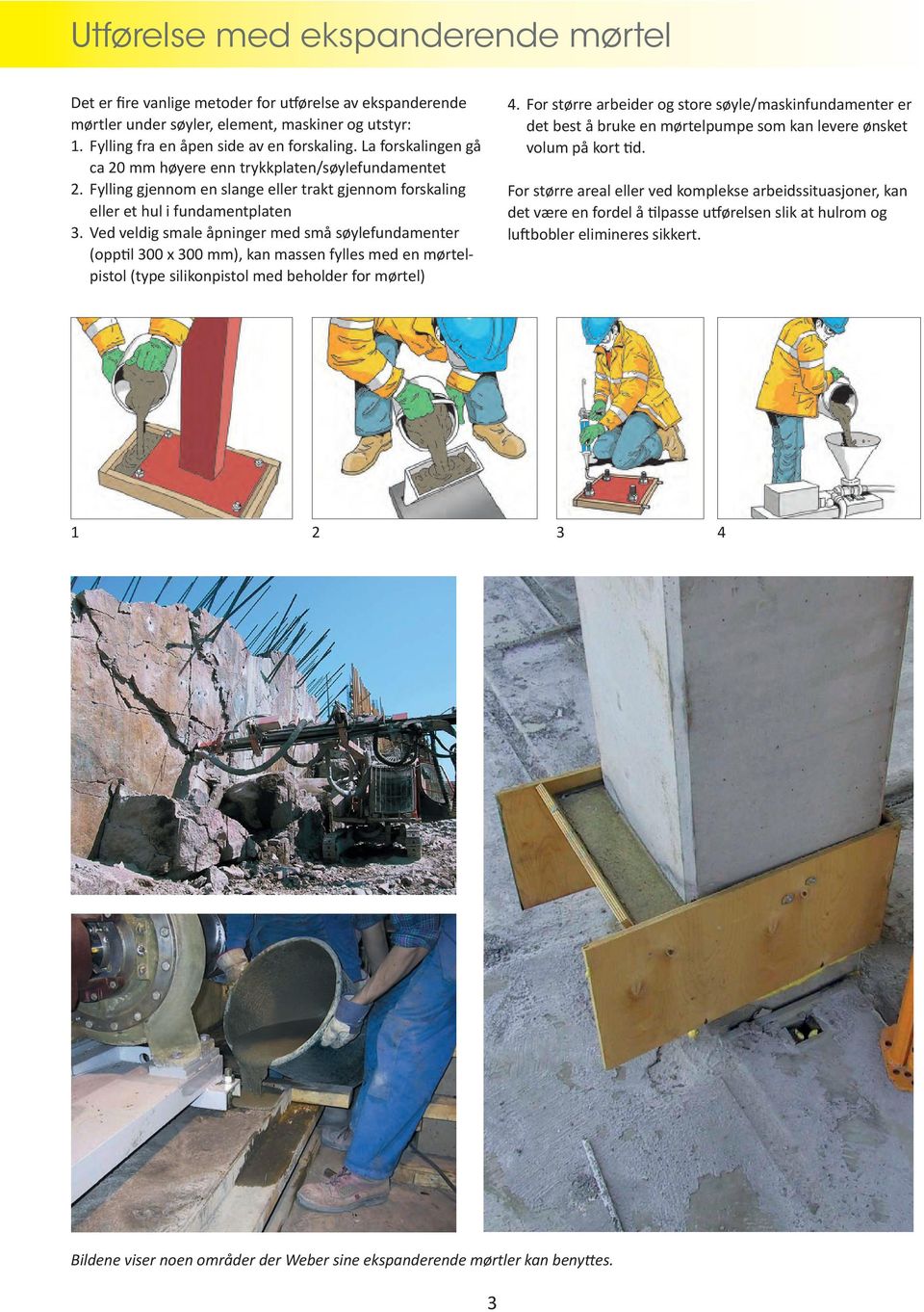 Ved veldig smale åpninger med små søylefundamenter (opptil 300 x 300 mm), kan massen fylles med en mørtelpistol (type silikonpistol med beholder for mørtel) 4.