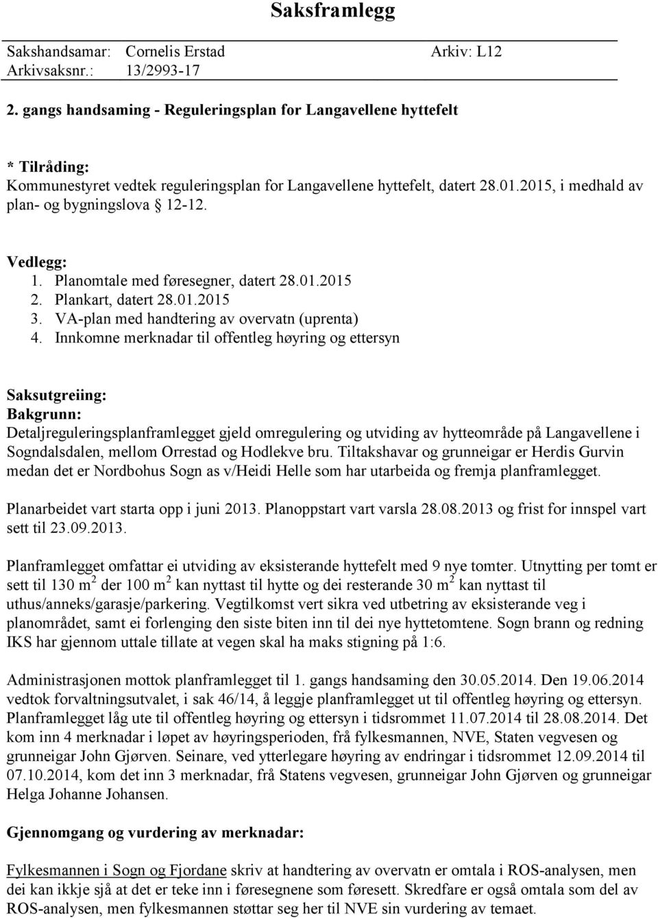 Vedlegg: 1. Planomtale med føresegner, datert 28.01.2015 2. Plankart, datert 28.01.2015 3. VA-plan med handtering av overvatn (uprenta) 4.