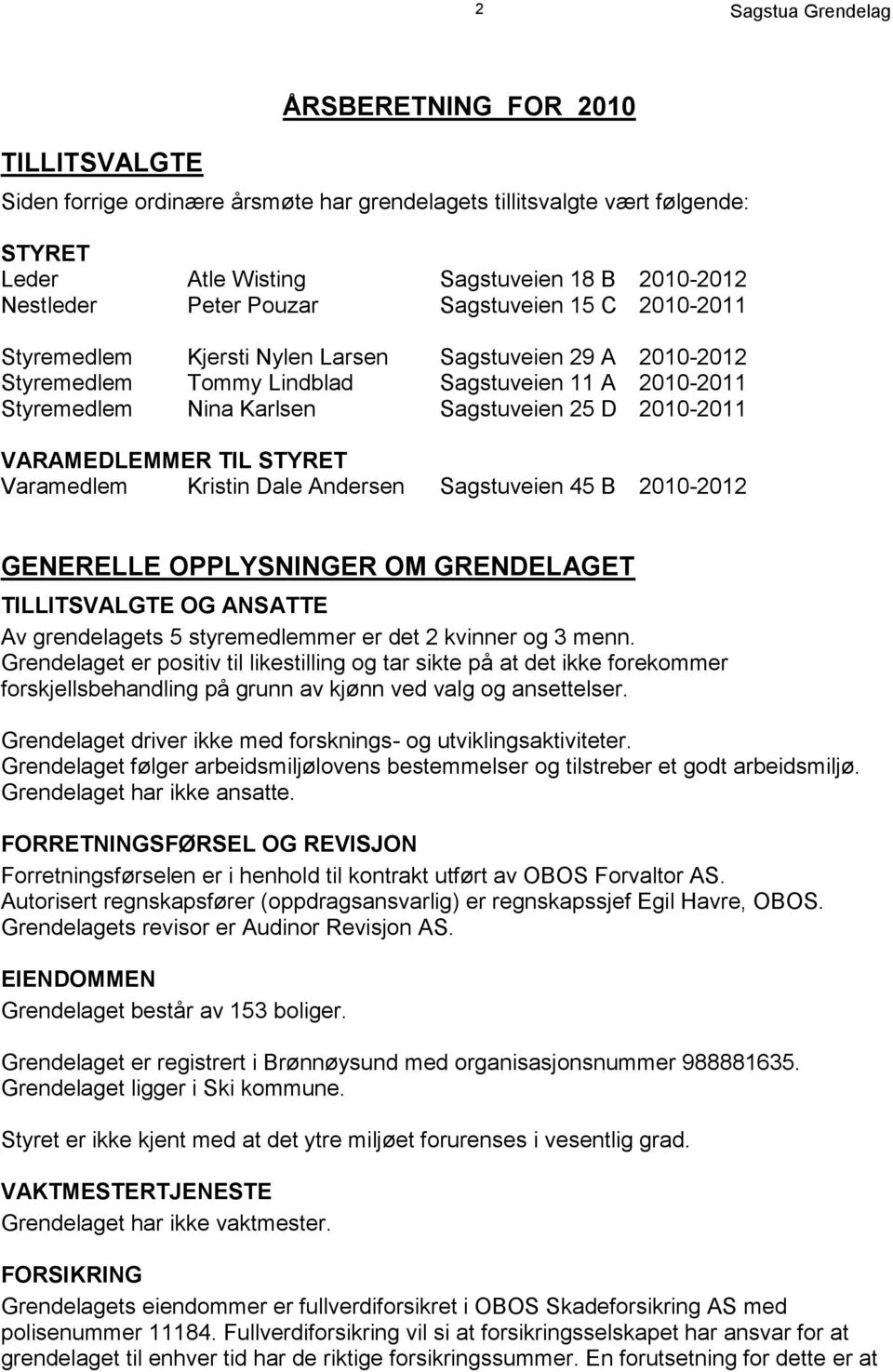 VARAMEDLEMMER TIL STYRET Varamedlem Kristin Dale Andersen Sagstuveien 45 B 2010-2012 GENERELLE OPPLYSNINGER OM GRENDELAGET TILLITSVALGTE OG ANSATTE Av grendelagets 5 styremedlemmer er det 2 kvinner