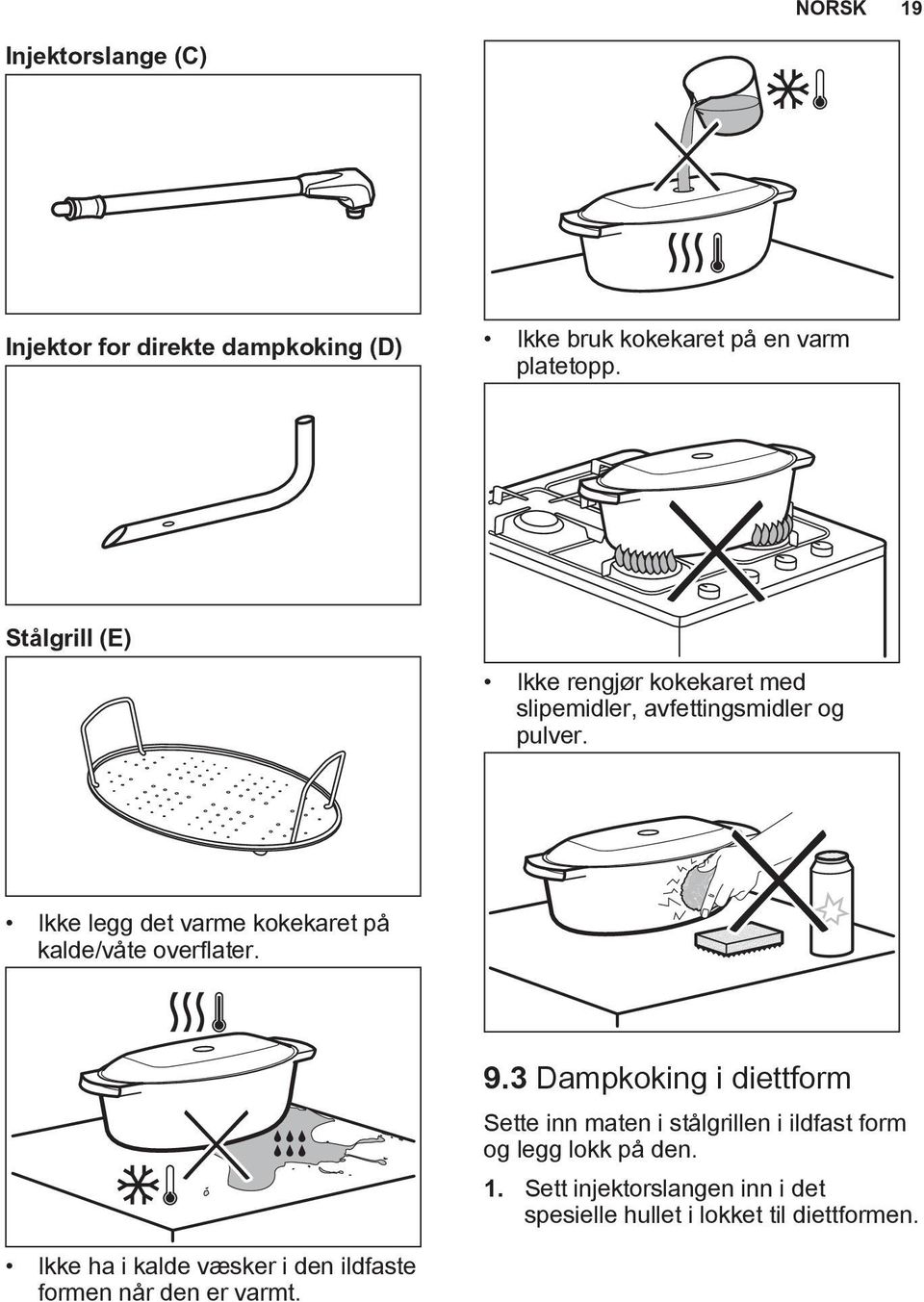 Stålgrill (E) Ikke legg det varme kokekaret på kalde/våte overflater. 9.