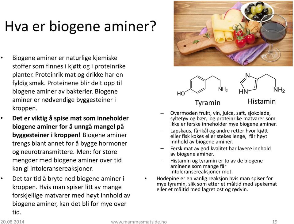 Det er viktig å spise mat som inneholder biogene aminer for å unngå mangel på byggesteiner i kroppen! Biogene aminer trengs blant annet for å bygge hormoner og neurotransmittere.