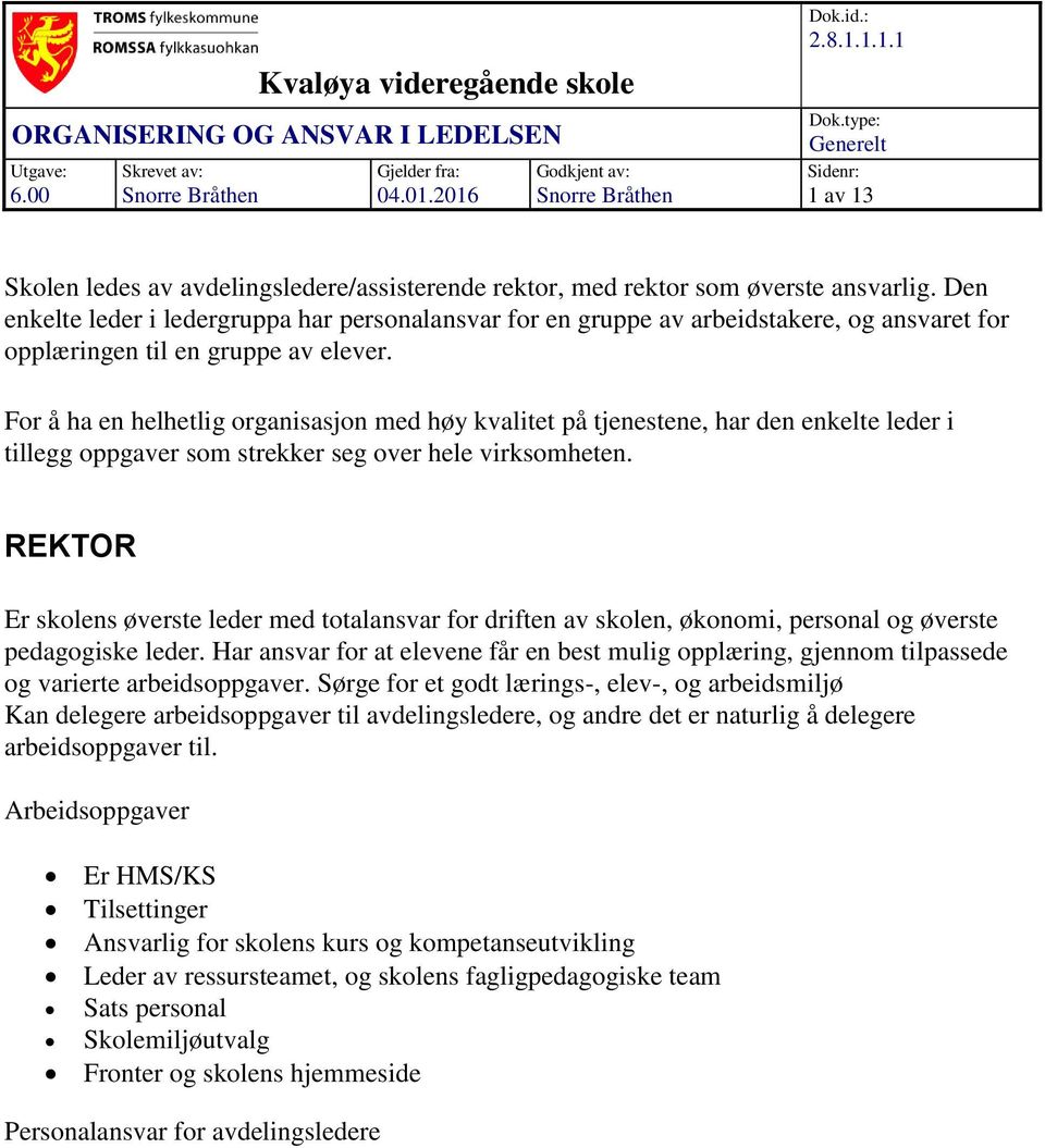 Den enkelte leder i ledergruppa har personalansvar for en gruppe av arbeidstakere, og ansvaret for opplæringen til en gruppe av elever.