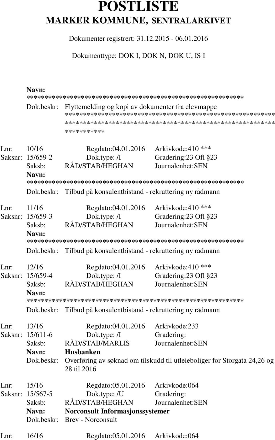 beskr: Tilbud på konsulentbistand - rekruttering ny rådmann Lnr: 12/16 Regdato:04.01.2016 Arkivkode:410 *** Saksnr: 15/659-4 Dok.type: /I Gradering:23 Ofl 23 ** Dok.