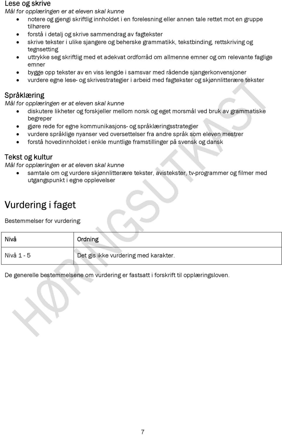 samsvar med rådende sjangerkonvensjoner vurdere egne lese- og skrivestrategier i arbeid med fagtekster og skjønnlitterære tekster diskutere likheter og forskjeller mellom norsk og eget morsmål ved