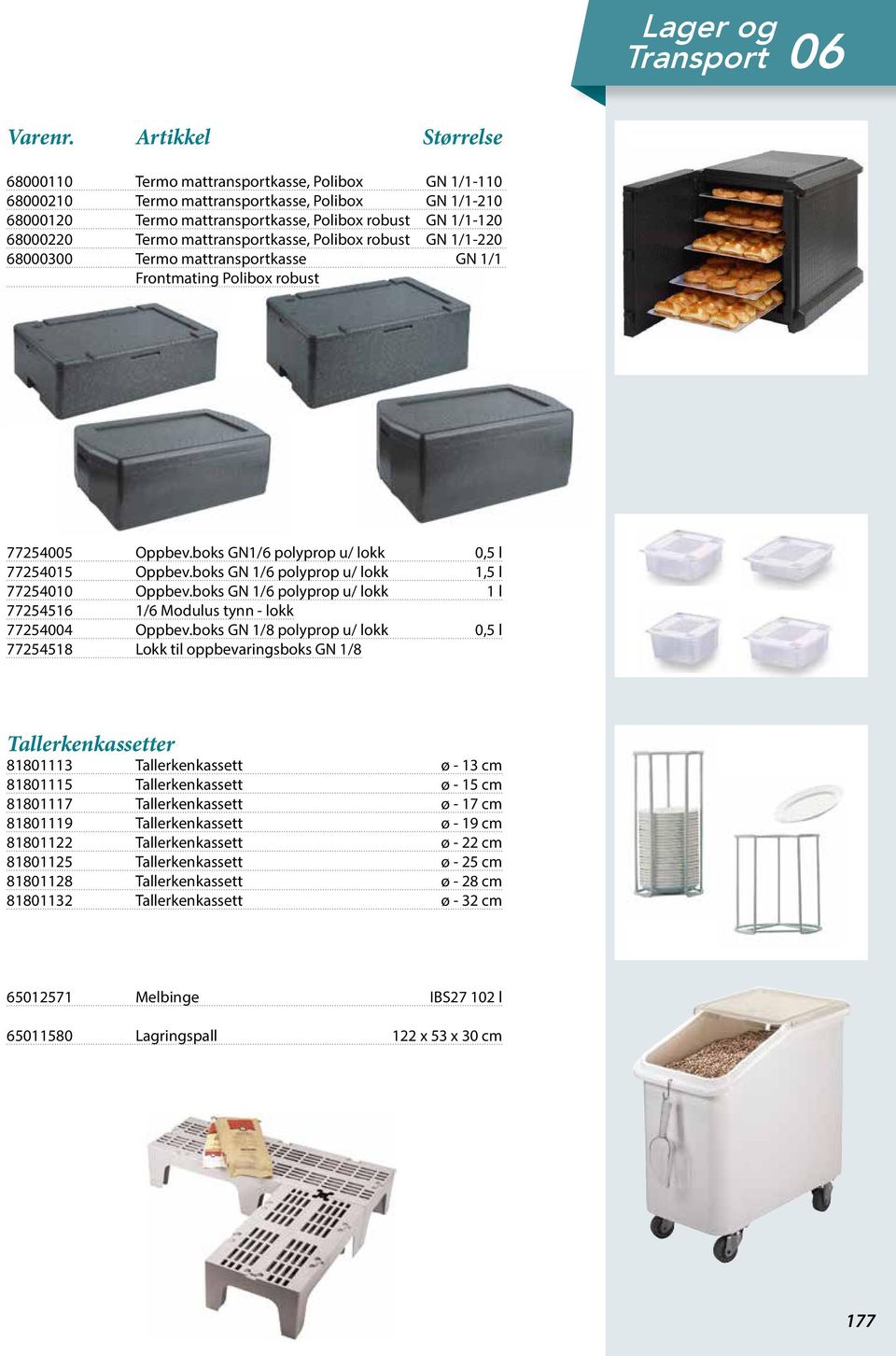 mattransportkasse, Polibox robust GN 1/1-220 68000300 Termo mattransportkasse GN 1/1 Frontmating Polibox robust 77254005 Oppbev.boks GN1/6 polyprop u/ lokk 0,5 l 77254015 Oppbev.