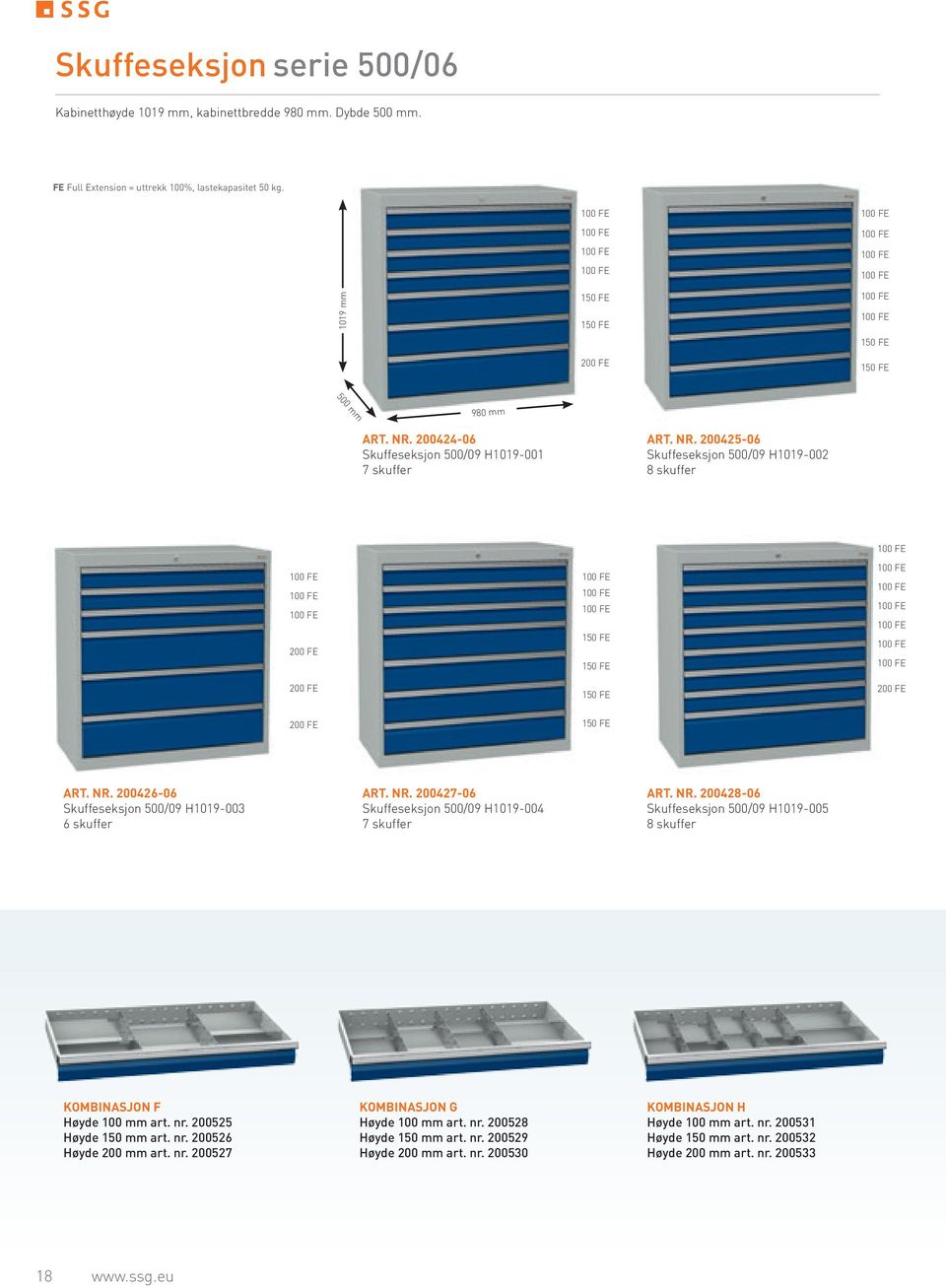 nr. 200426-06 Skuffeseksjon 500/09 H1019-003 6 skuffer Art. nr. 200427-06 Skuffeseksjon 500/09 H1019-004 7 skuffer Art. nr. 200428-06 Skuffeseksjon 500/09 H1019-005 8 skuffer Kombinasjon F Høyde 100 mm art.