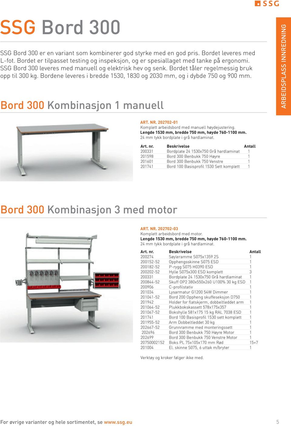 Bord 300 Kombinasjon 1 manuell ARBEIDSPLASS INNREDNING Art. nr. 202702-01 Komplett arbeidsbord med manuell høydejustering. Lengde 1530 mm, bredde 750 mm, høyde 760-1100 mm.